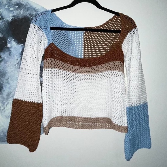 Y2K Crochet Long Sleeve Color Block Square Neck Top - Picture 11 of 11
